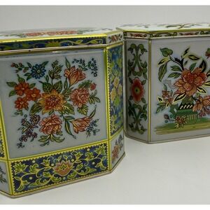 2 Vtg Metal Tin Octagon Shaped Flowers English Cottage Decor Chateau Hinged